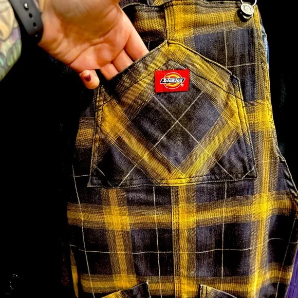 Dickies plaid overall dress mustard yellow and navy size small NWOT - Picture 3 of 10